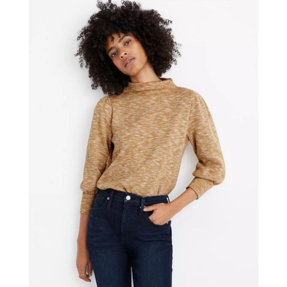 Madewell Gathered Sleeve Moc-Neck Knit Sweater Top
